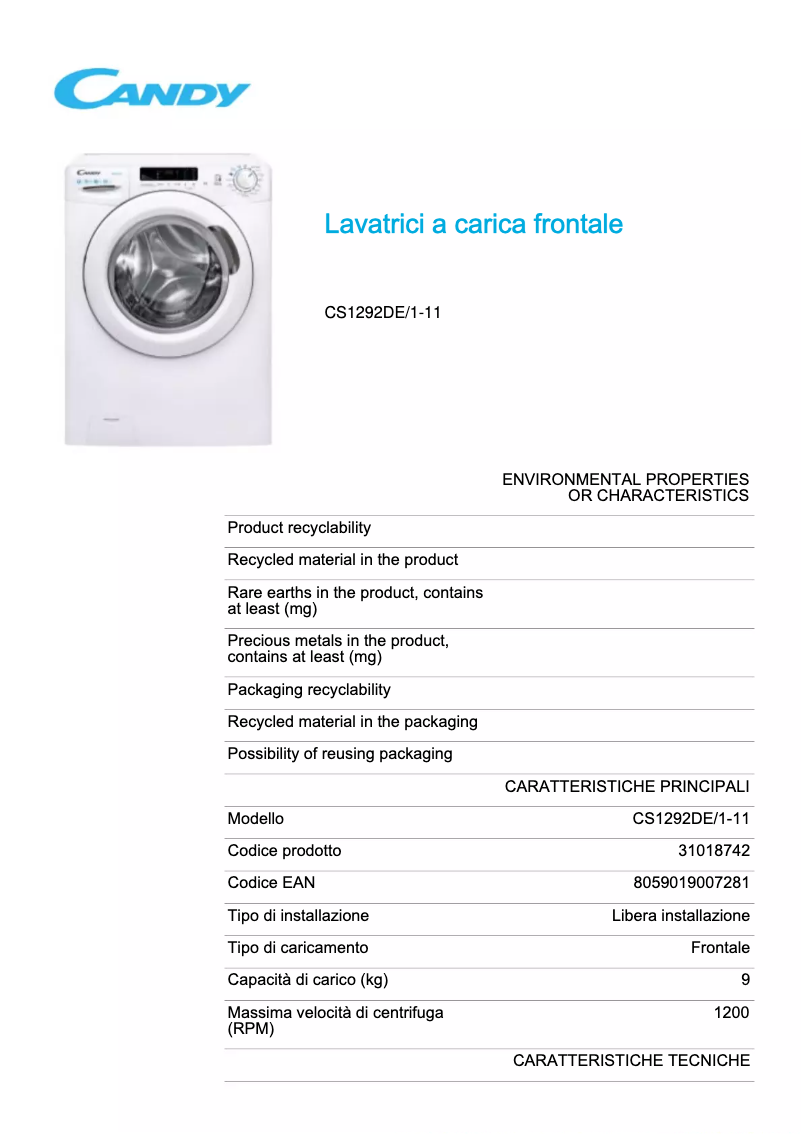 Page 1 de la notice Fiche technique Candy CS1292DE/1-11