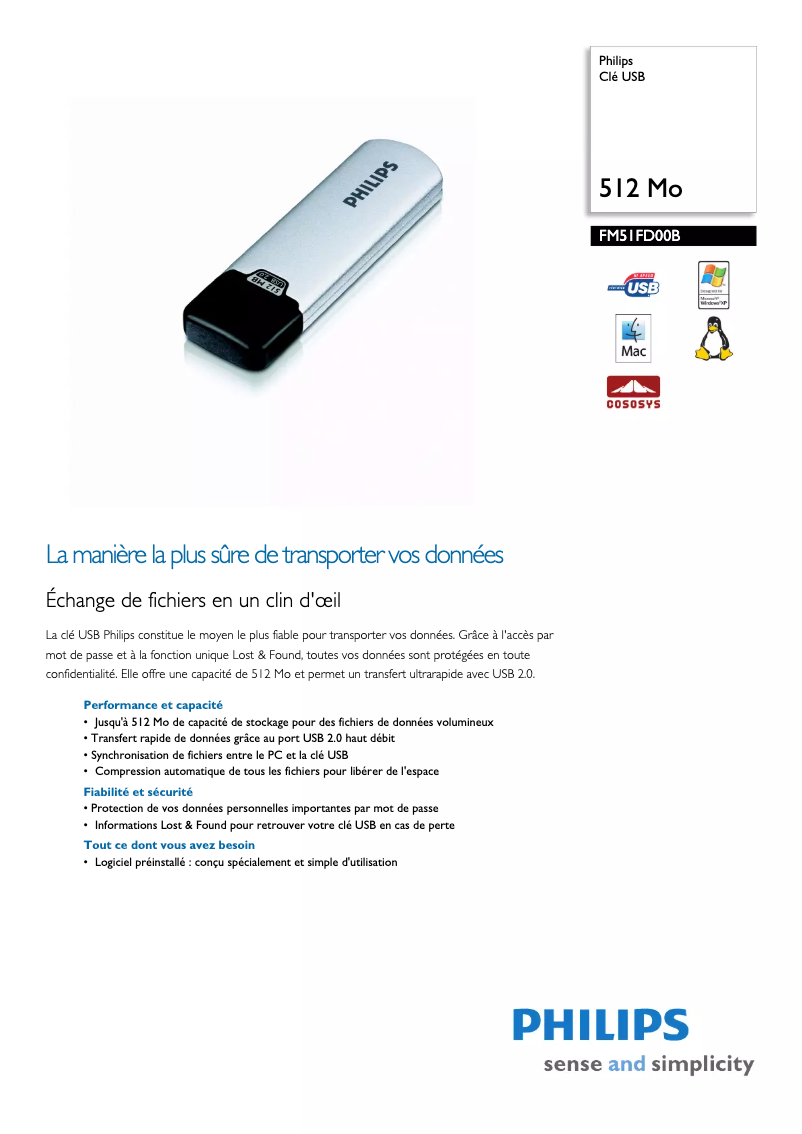 Page 1 de la notice Fiche technique Philips FM51FD00B