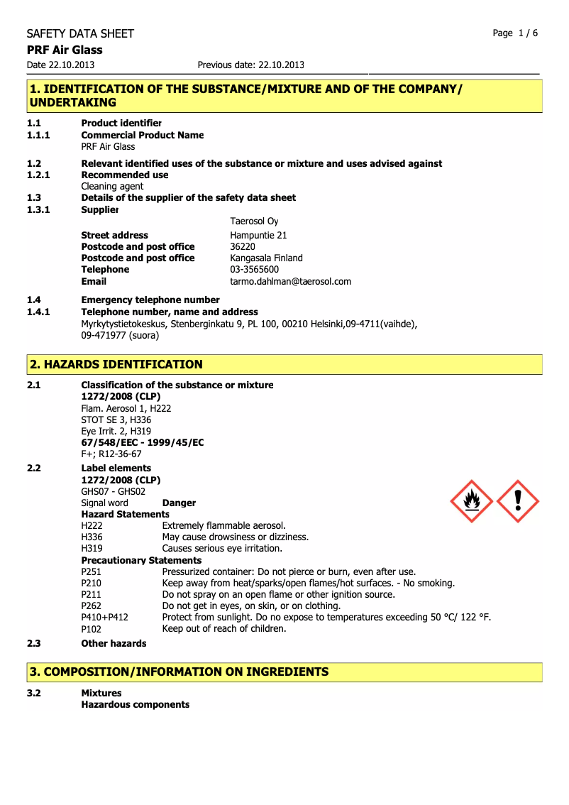 Page n°1 - Manuel utilisateur Taerosol PRF AGLASS/520