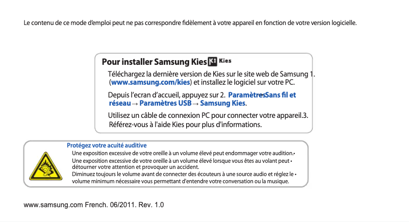 Page 1 de la notice Manuel utilisateur Samsung Galaxy S WiFi 5.0