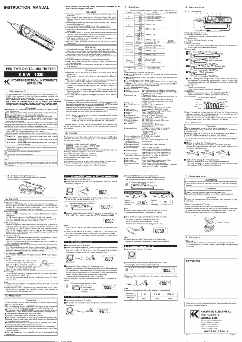 Page 1 de la notice Manuel utilisateur Kyoritsu KEW 1030