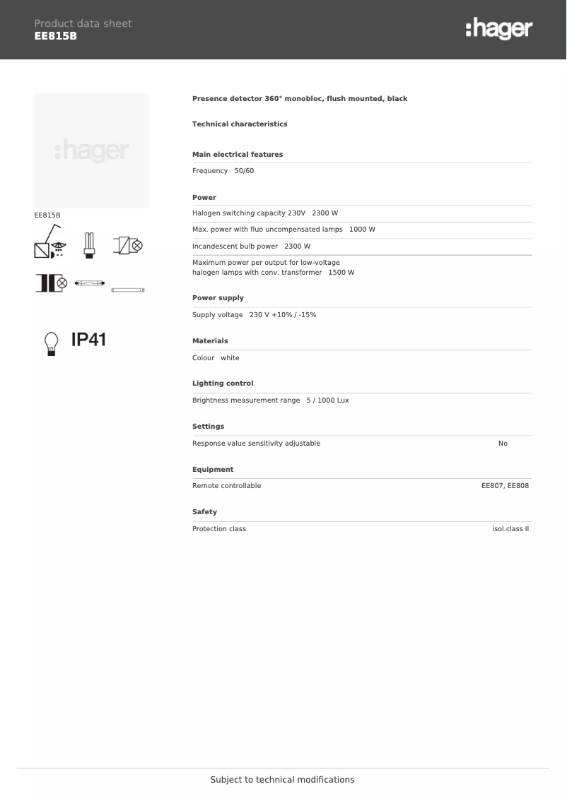 Page 1 de la notice Fiche technique Hager EE815B