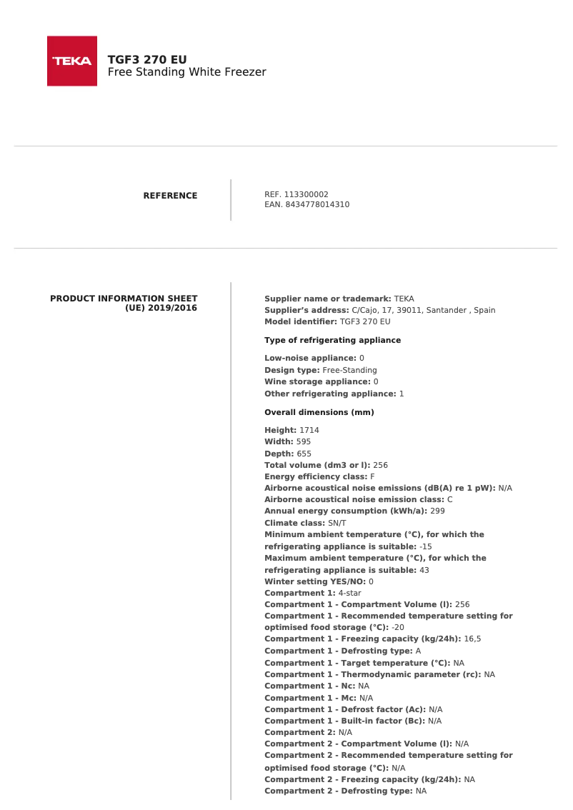 Page n°1 - Fiche technique Teka TGF3 270