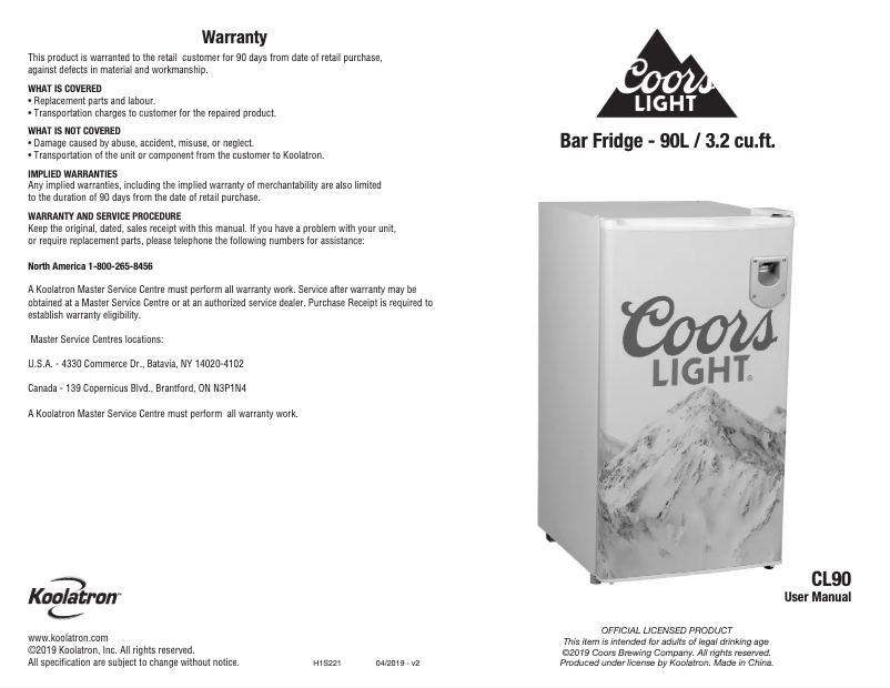 Page n°1 - Manuel utilisateur Coors Light CL90