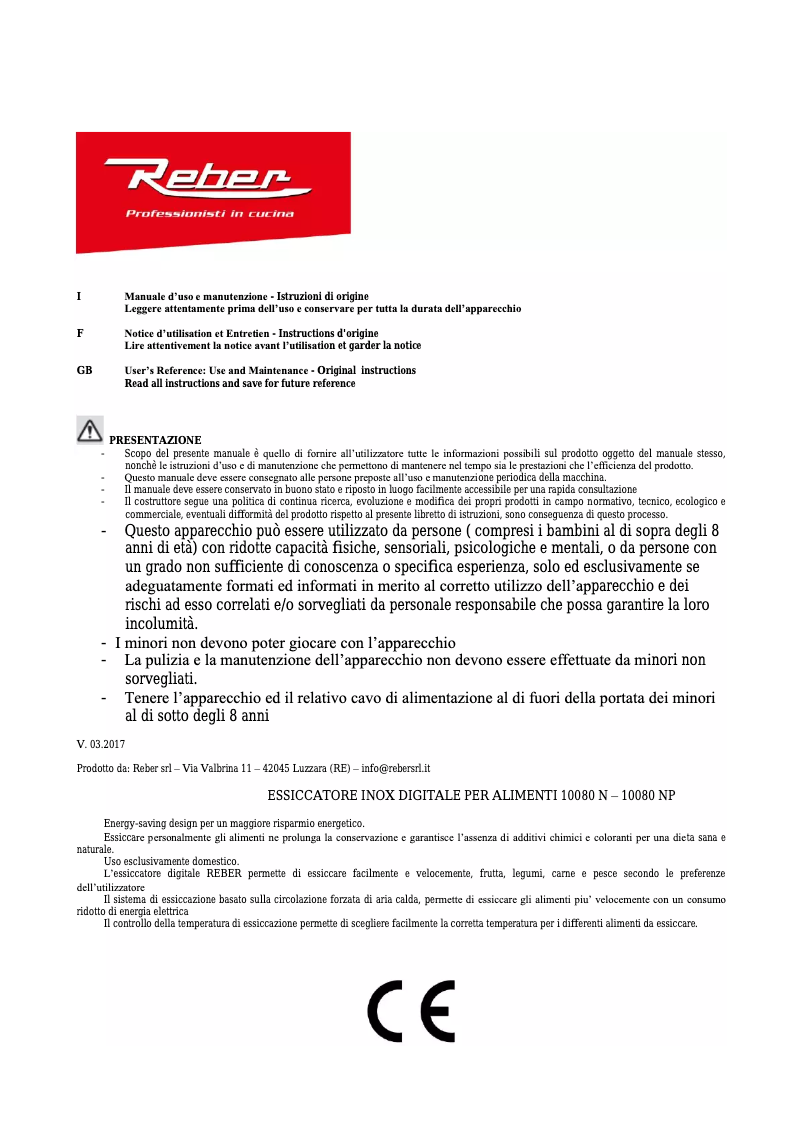 Page n°1 - Manuel utilisateur Reber 10080 N