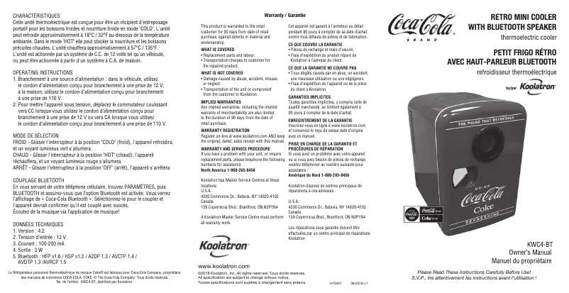 Page 1 de la notice Manuel utilisateur Coca-Cola KWC4-BT
