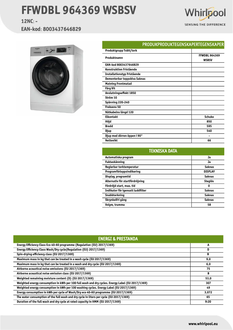 Page 1 de la notice Fiche technique Whirlpool FFWDBL 964369 WSBSV
