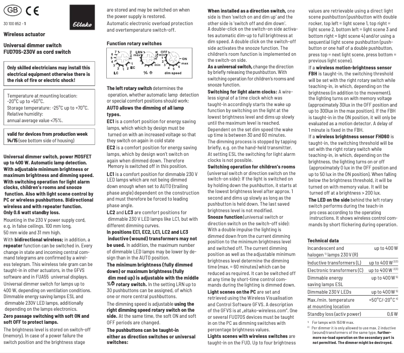 Page n°1 - Manuel utilisateur Eltako FUD70S-230V-rw