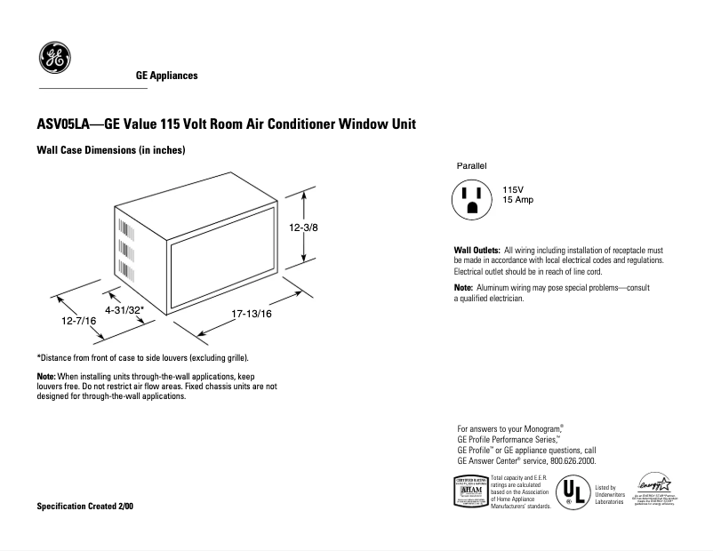 Page 1 de la notice Fiche technique GE ASV05LA