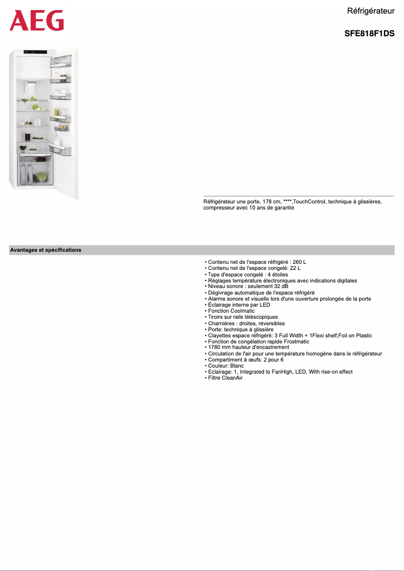Page 1 de la notice Fiche technique AEG SFE818F1DS