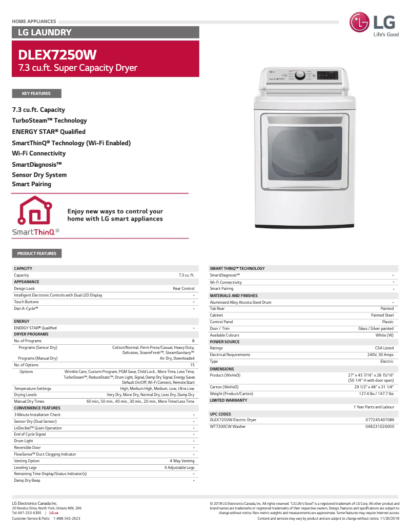 Page n°1 - Fiche technique LG DLEX7250W