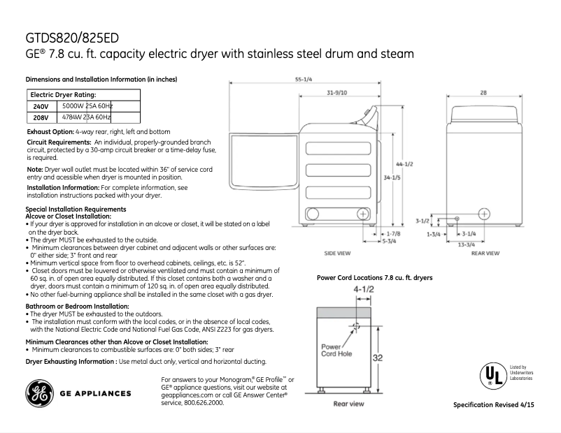Page 1 de la notice Fiche technique GE GTDS825EDMC