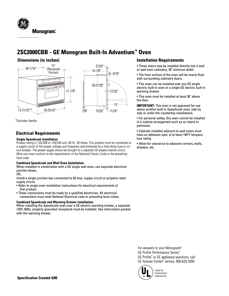 Page 1 de la notice Fiche technique GE ZSC2000CBB