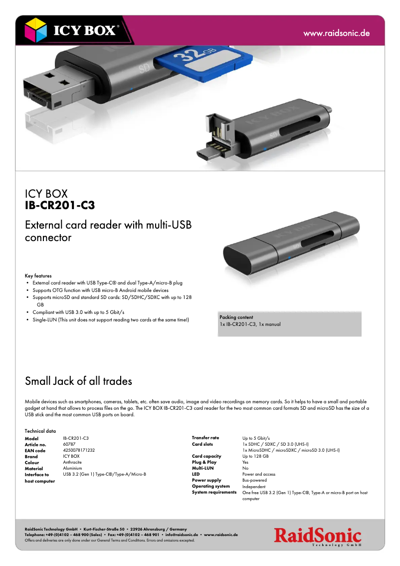 Page 1 de la notice Fiche technique Icy Box IB-CR201-C3