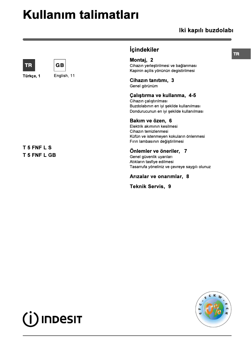 Page 1 de la notice Manuel utilisateur Indesit T 5 FNF L S (TK)