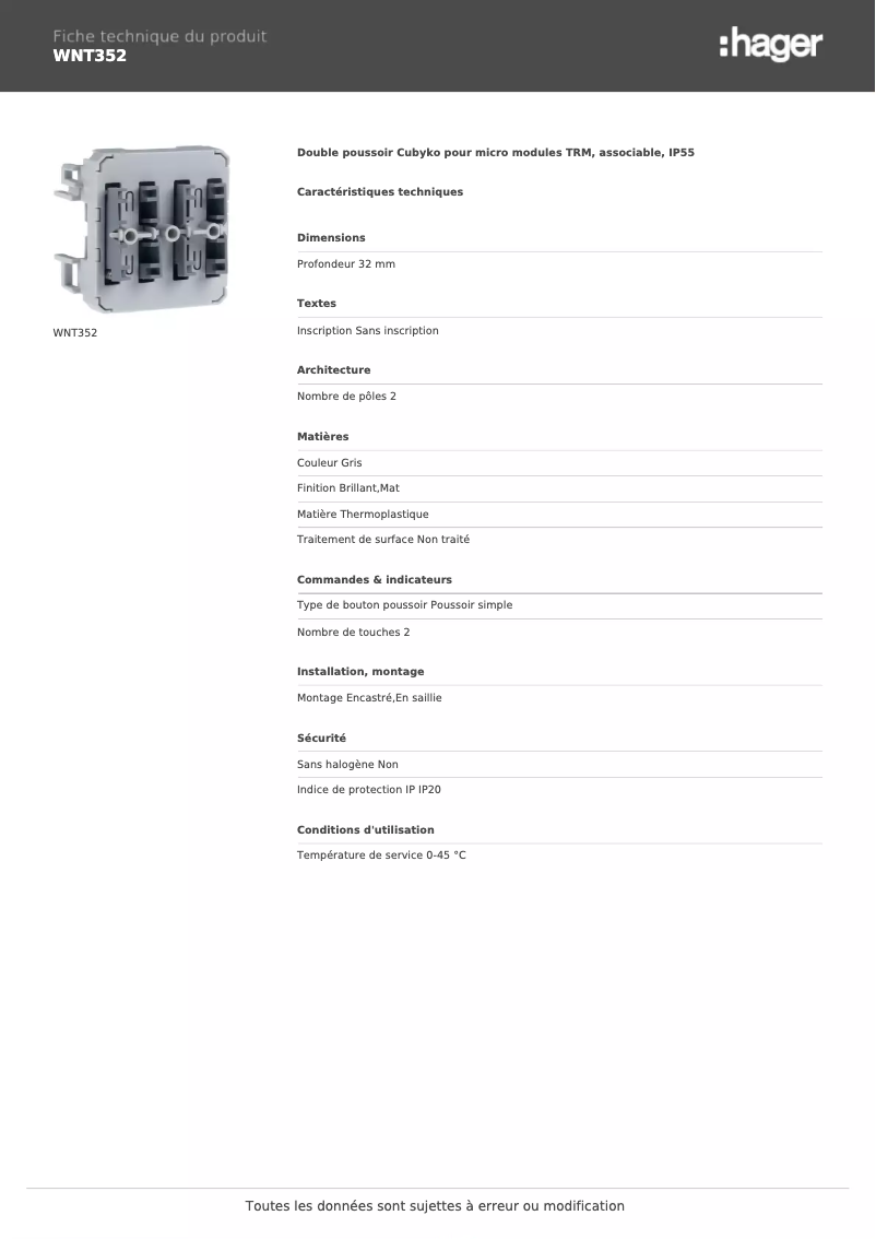 Page n°1 - Fiche technique Hager WNT352