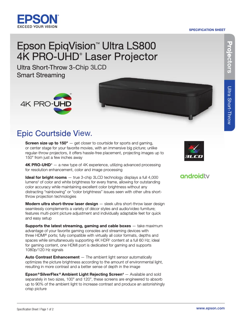 Page 1 de la notice Fiche technique Epson EpiqVision Ultra LS800