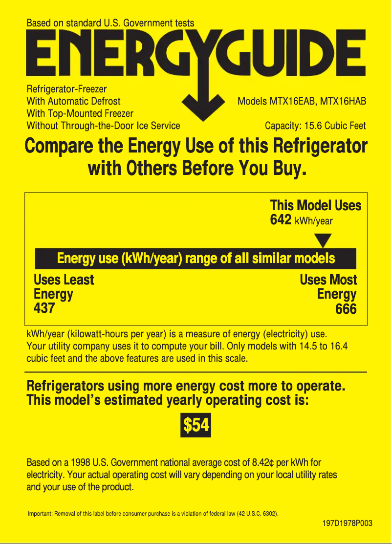 Page 1 de la notice Label énergétique RCA MTX16EABWW