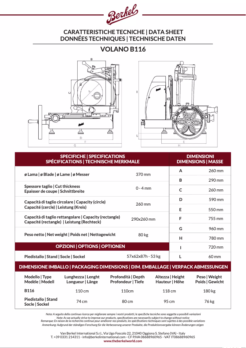 Page 1 de la notice Fiche technique Berkel Volano B116