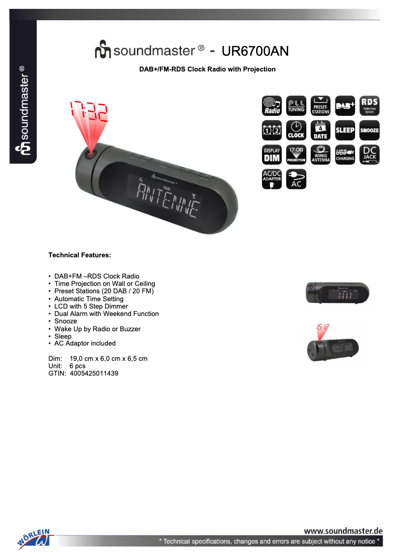 Page 1 de la notice Fiche technique Soundmaster UR6700