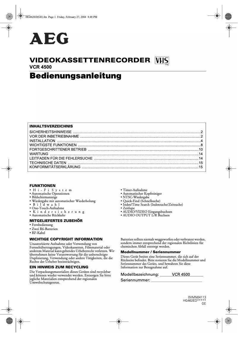 Page 1 de la notice Manuel utilisateur AEG VCR 4500