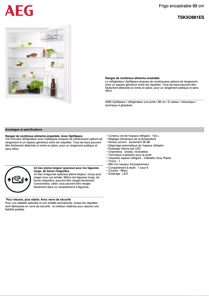 Page 1 de la notice Fiche technique AEG TSK5O881ES