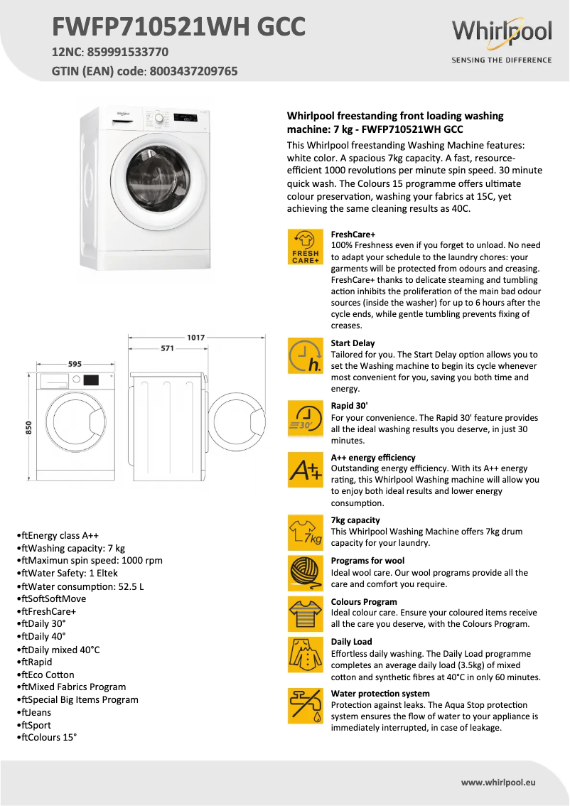 Page 1 de la notice Fiche technique Whirlpool FWFP710521WH