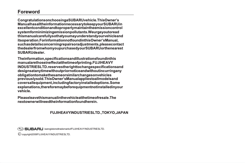 Page 1 de la notice Manuel utilisateur Subaru Outback (2009)