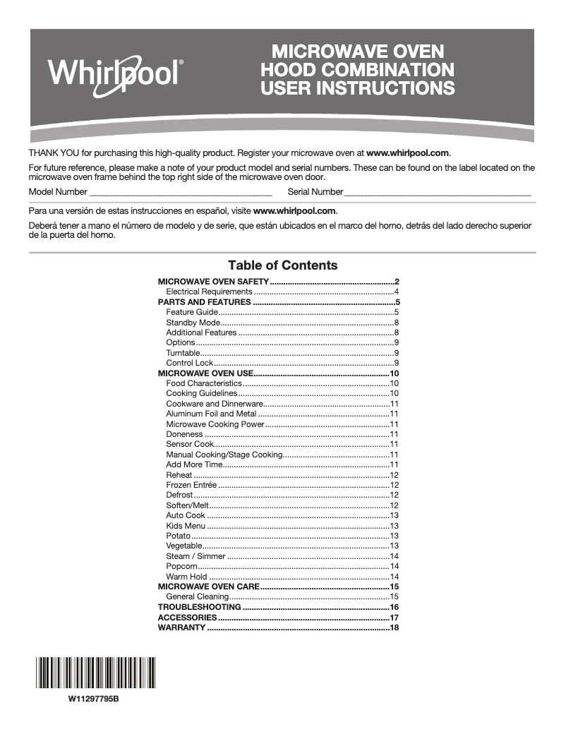 Page 1 de la notice Informations de garantie Whirlpool WMH54521JV
