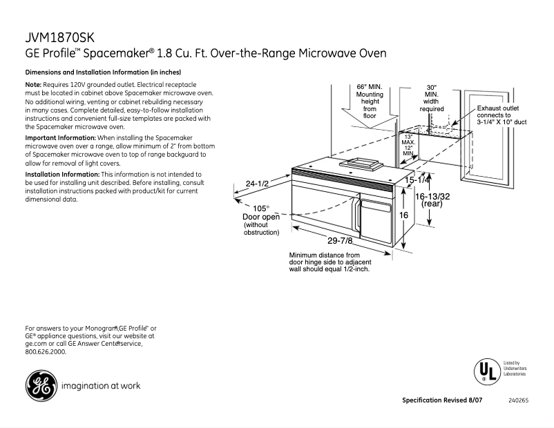 Page 1 de la notice Fiche technique GE JVM1870SK