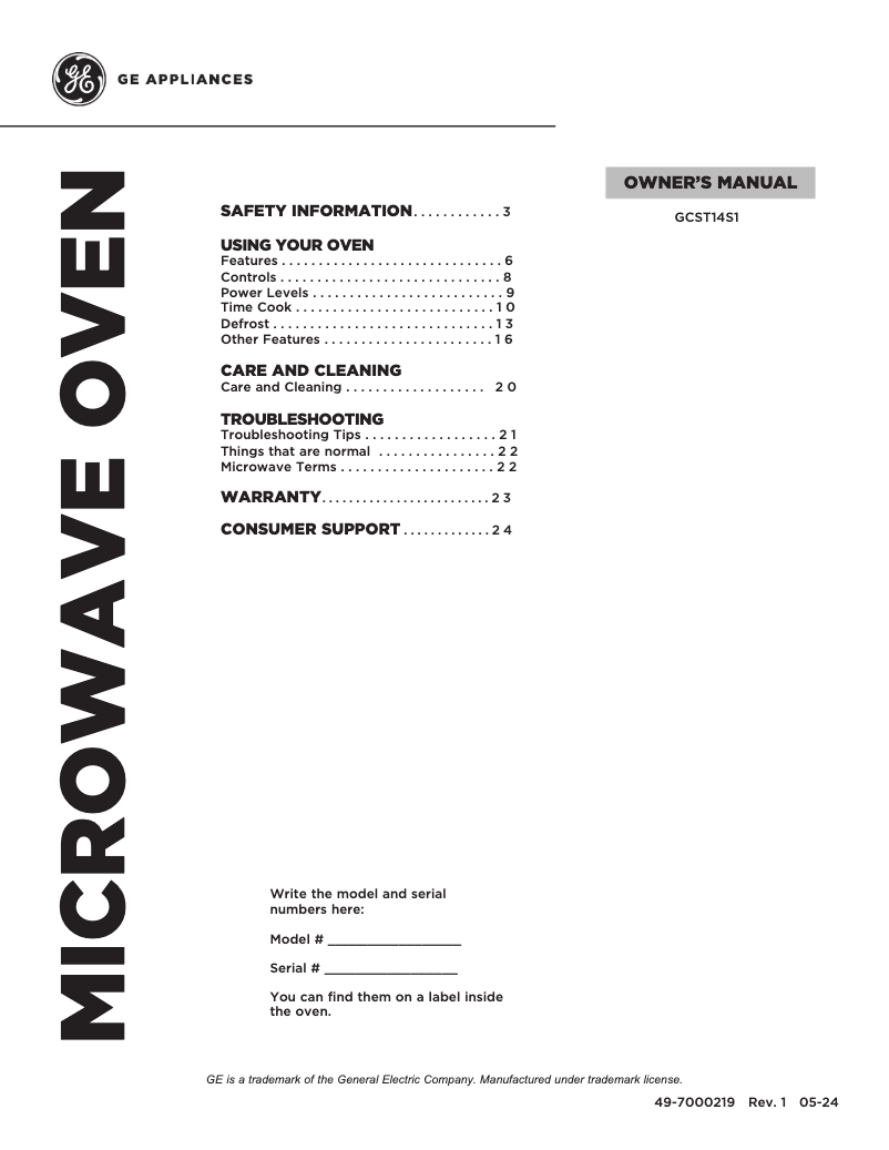 Page n°1 - Manuel d'utilisation et d'entretien GE GCST14S1