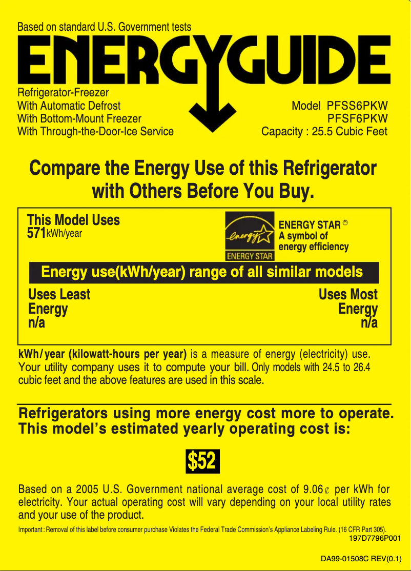 Page 1 de la notice Label énergétique GE Profile PFSF6PKWBB