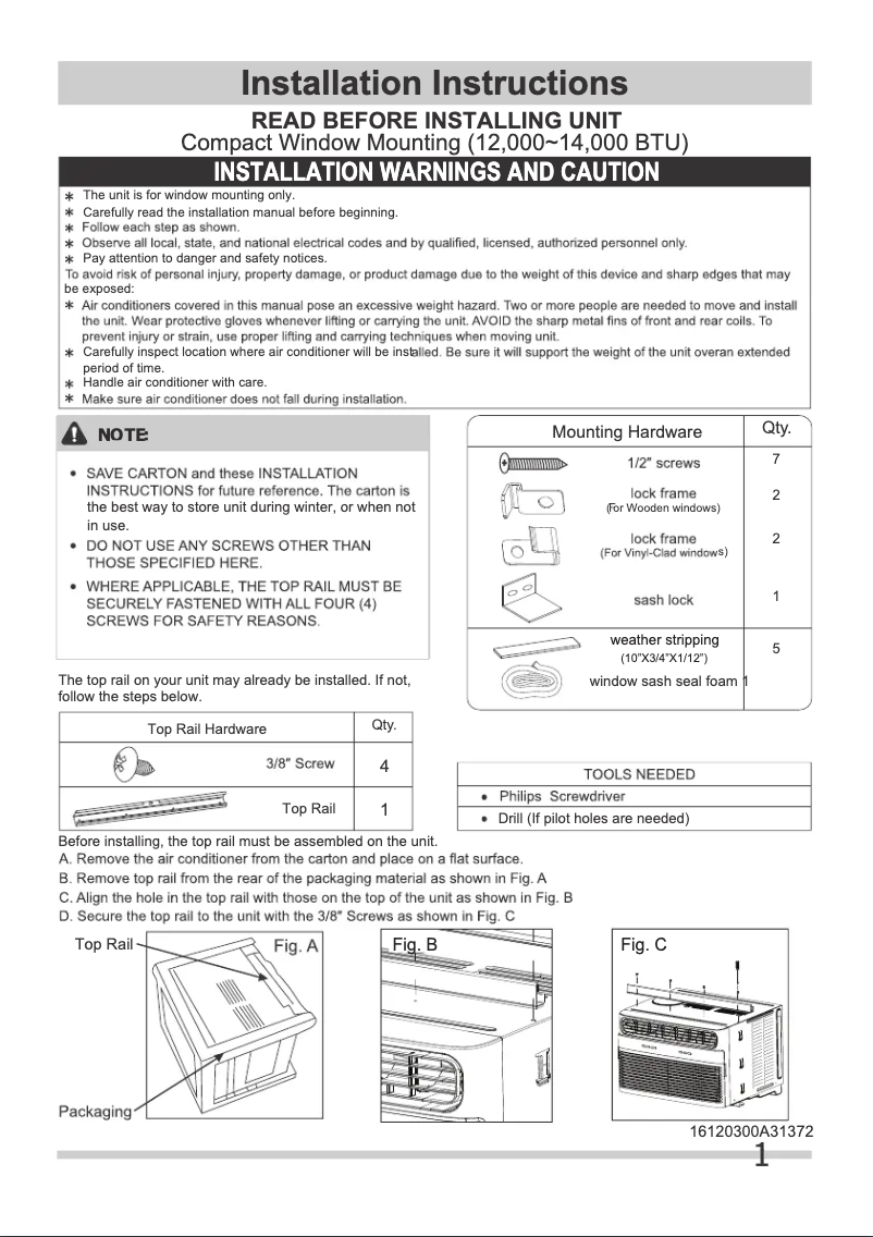 Page n°1 - Guide d'installation Frigidaire FHWW125WE1
