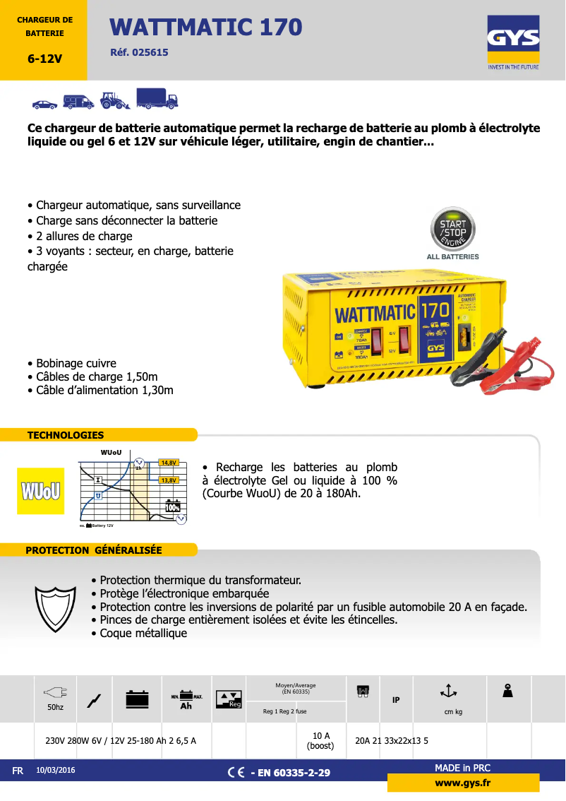 Page 1 de la notice Fiche technique GYS Wattmatic 170
