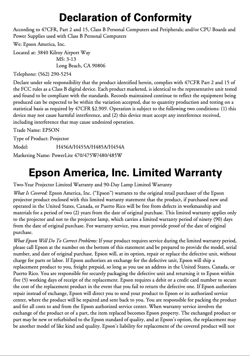 Page 1 de la notice Informations de garantie Epson PowerLite 470