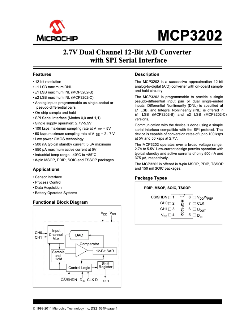 Page 1 de la notice Fiche technique Microchip MCP3202