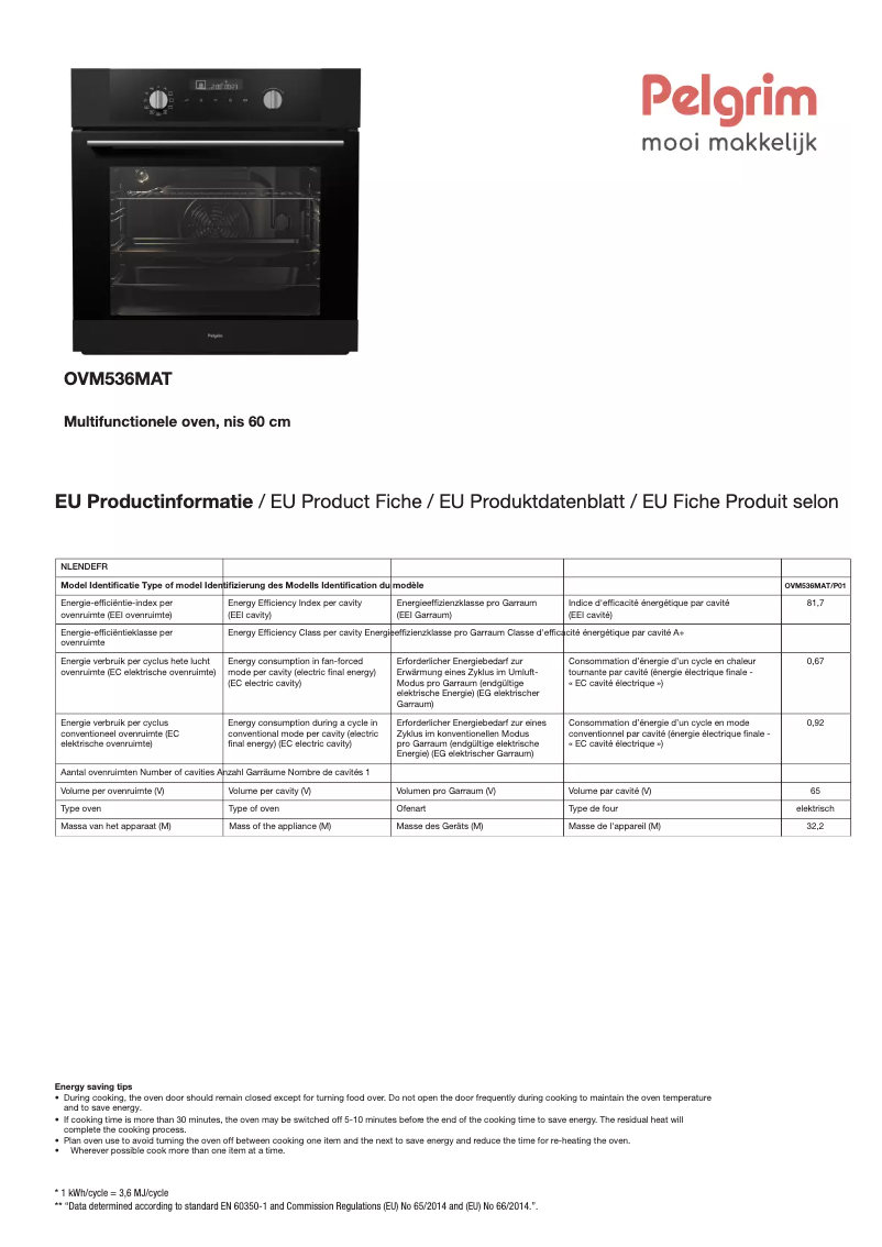Página 1 del manual Ficha técnica Pelgrim OVM536MAT