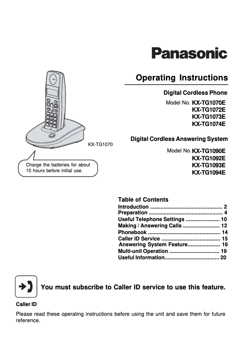Imagen de la primera página del manual del dispositivo KX-TG1073