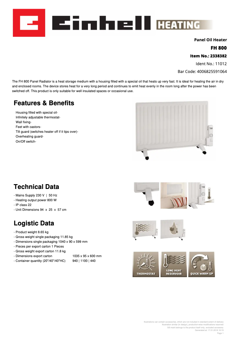 Page 1 de la notice Fiche technique Einhell FH 800