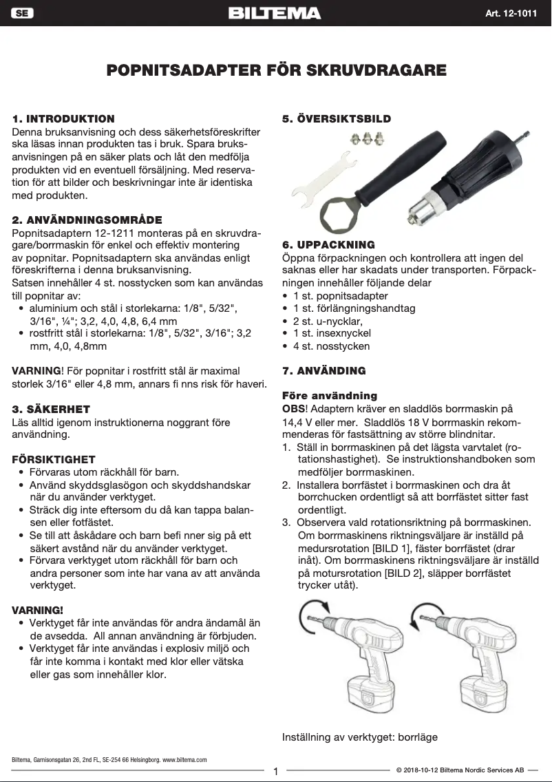 Page 1 de la notice Manuel utilisateur Biltema 12-1011