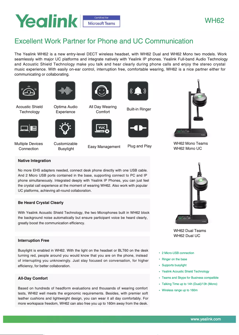 Page 1 de la notice Fiche technique Yealink WH62