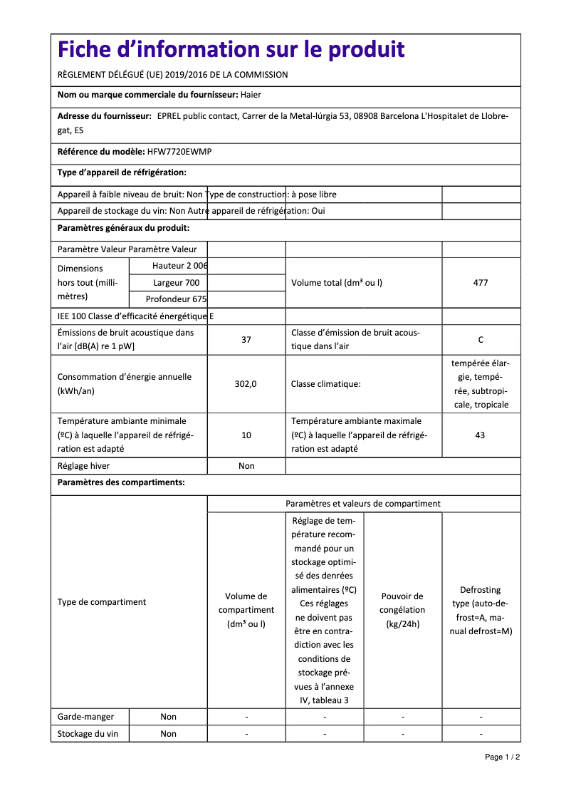 Image de la première page du manuel de l'appareil HFW7720EWMP