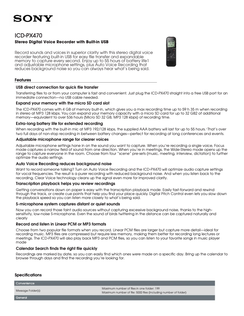 Image de la première page du manuel de l'appareil ICD-PX470