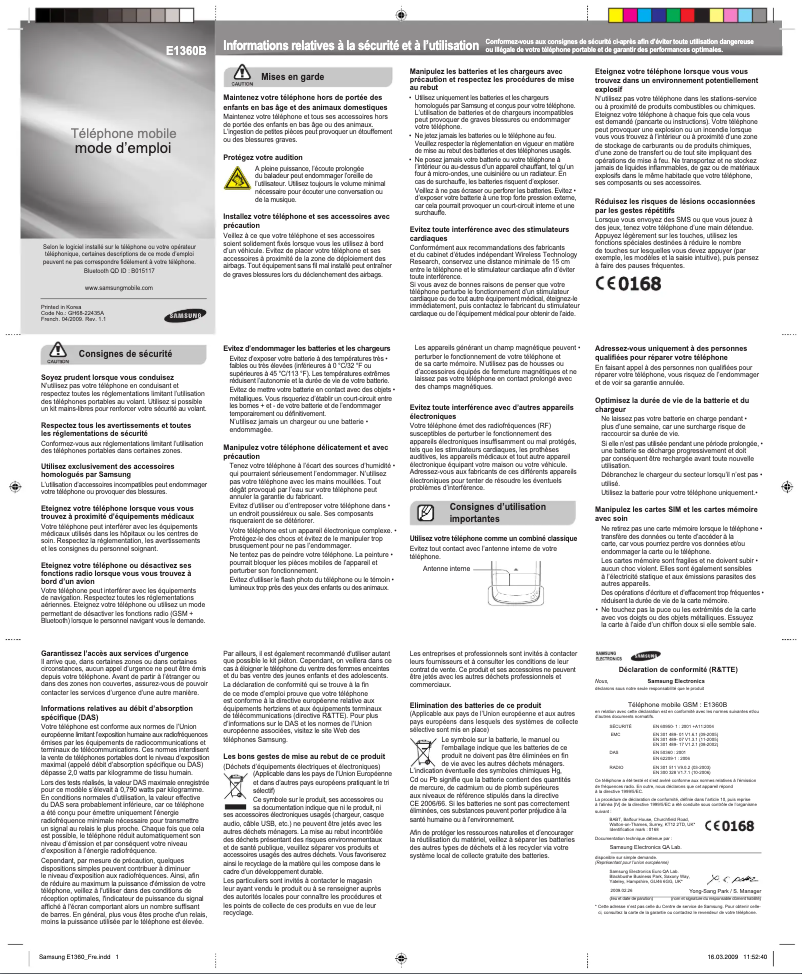 Page 1 de la notice Manuel utilisateur Samsung E1360