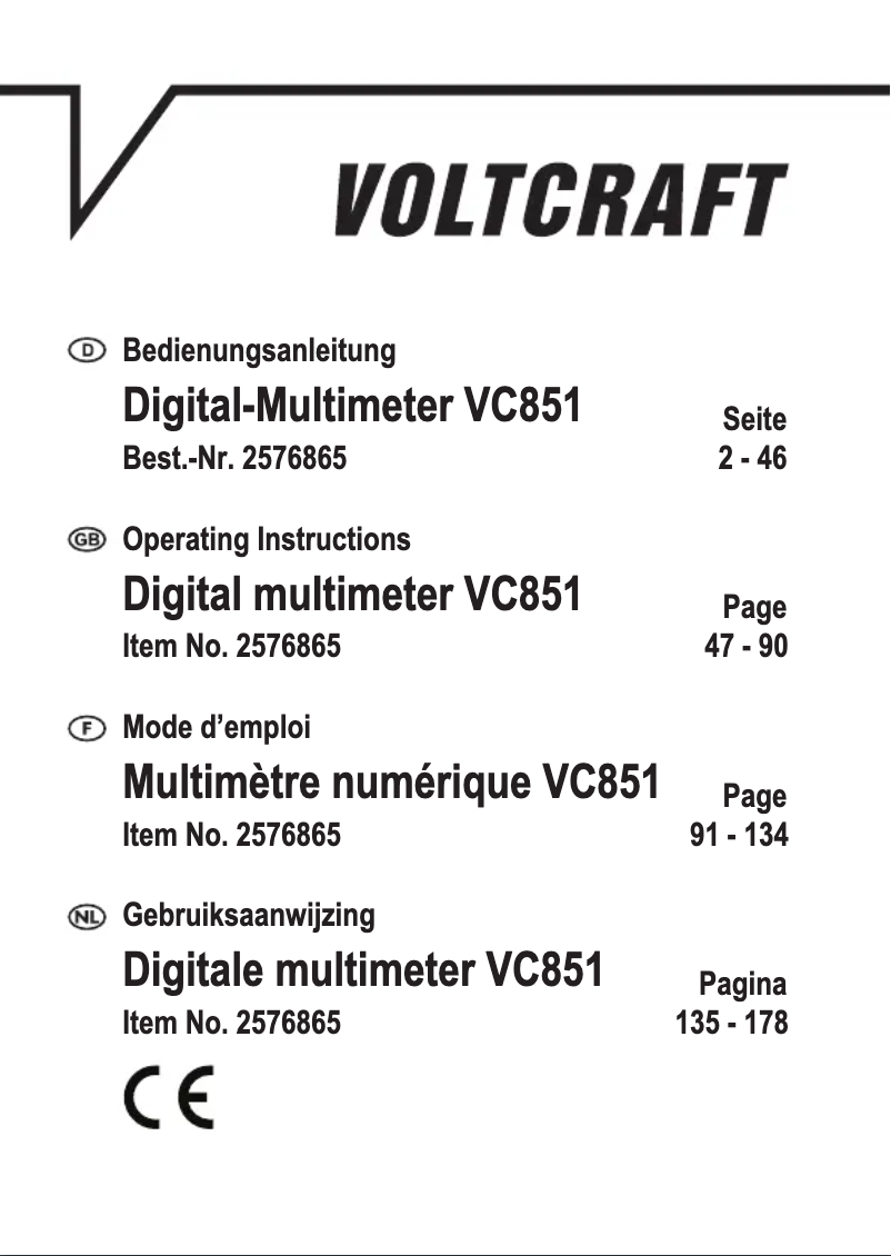 Page 1 de la notice Manuel utilisateur Voltcraft VC851
