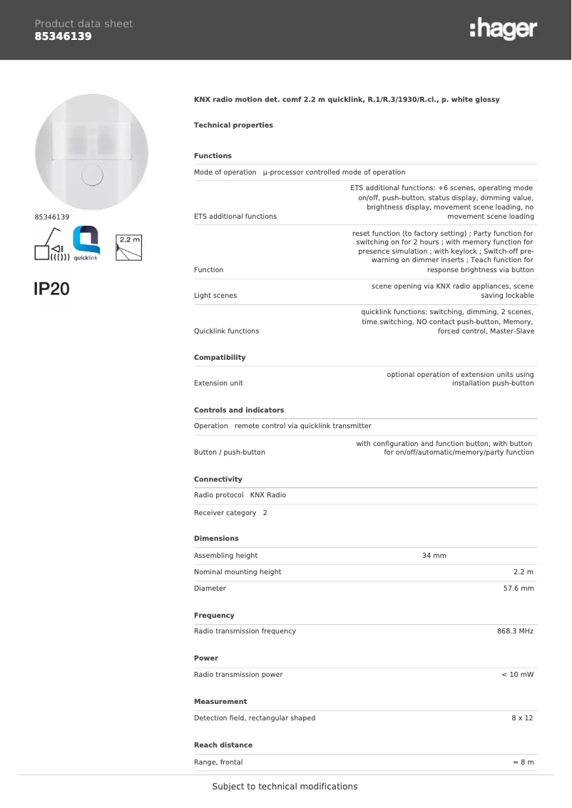 Page 1 de la notice Fiche technique Hager 85346139