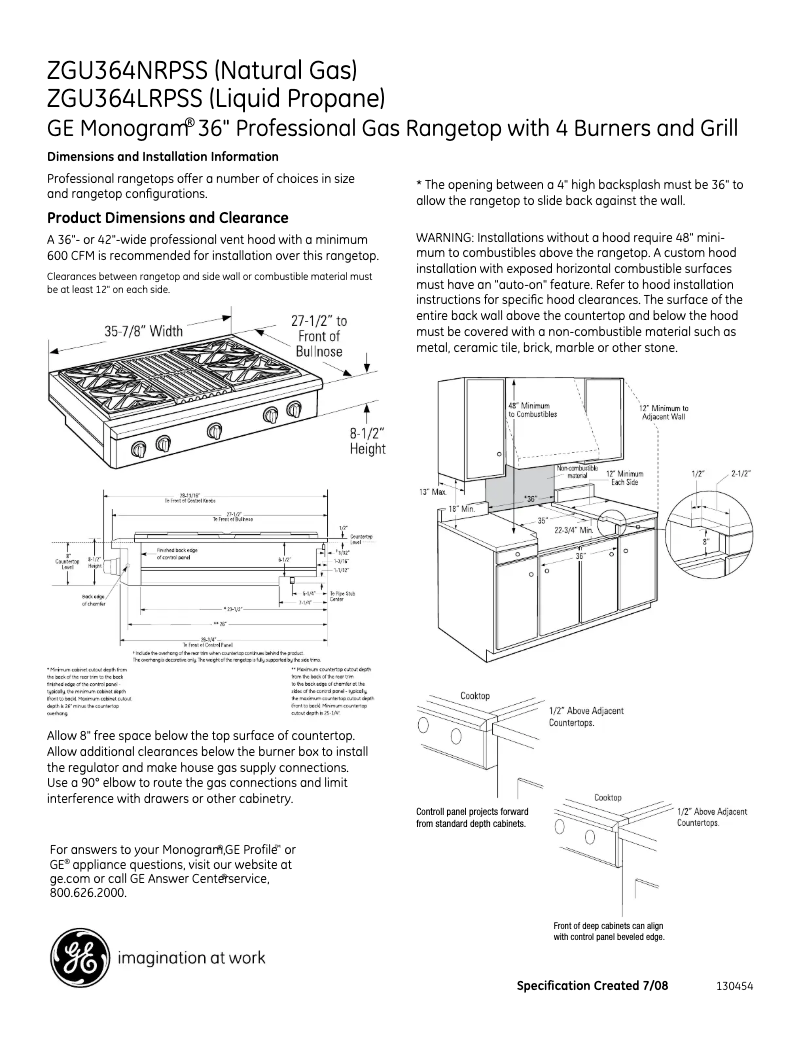 Page n°1 - Fiche technique GE ZGU364LRPSS