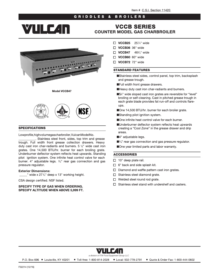 Page 1 of the manual Technical Sheet Vulcan VCCB47