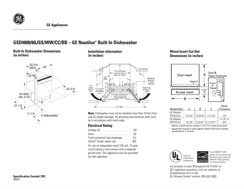 Page 1 de la notice Fiche technique GE GSD4800JBB