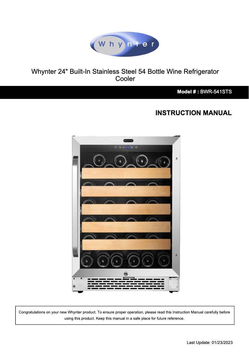 Page 1 de la notice Manuel utilisateur Whynter BWR-541STS